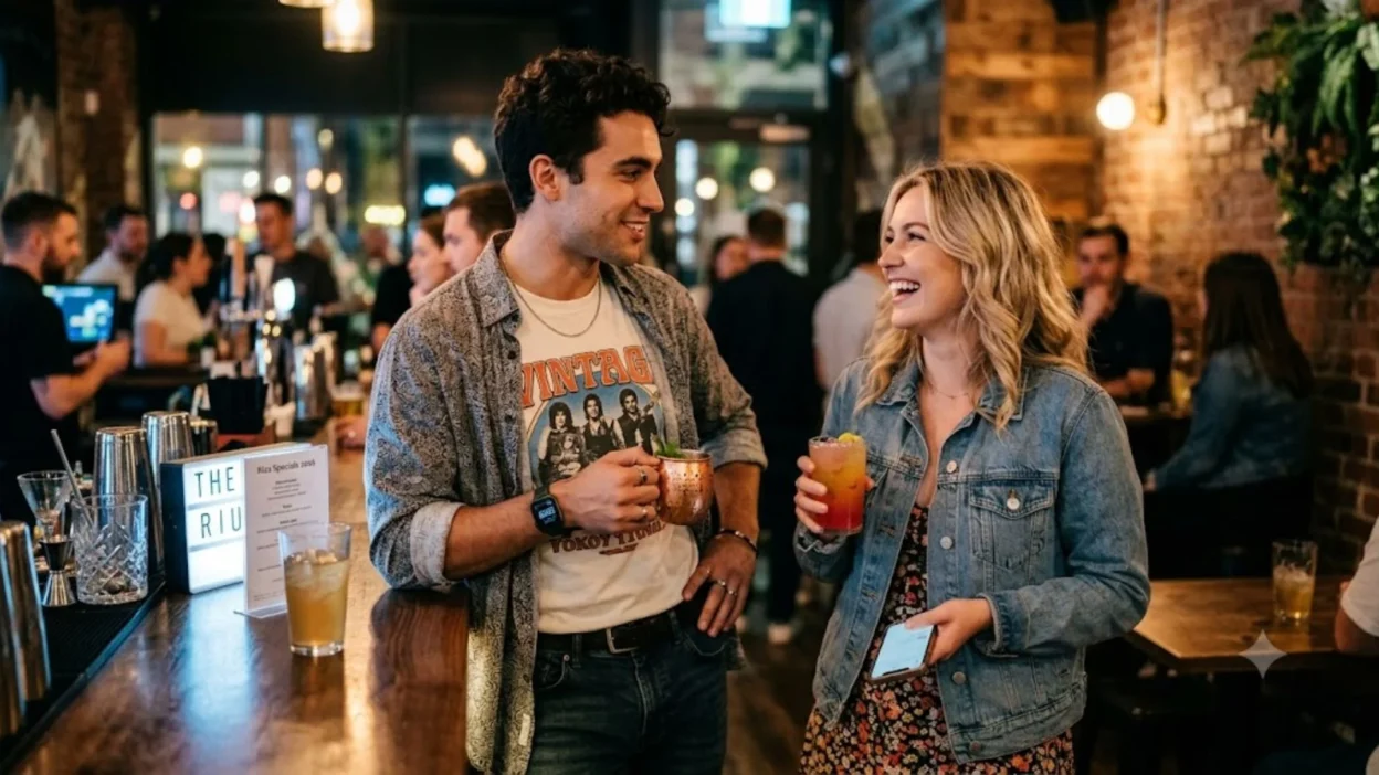 A man smiling and talking to a laughing woman at a crowded bar counter holding drinks.