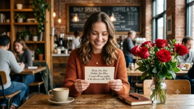 A smiling woman in a coffee shop reading a romantic roses are red pickup line card next to red roses.