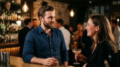 A confident man in a blue shirt talking to a smiling woman at a dimly lit bar counter.