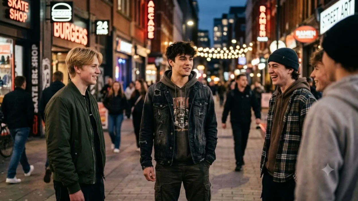 Group of teenage boys laughing together on a brightly lit city street at night