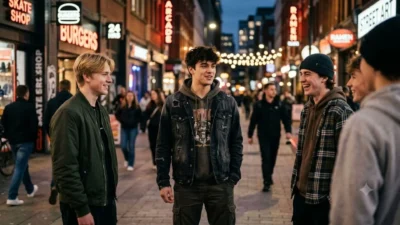 Group of teenage boys laughing together on a brightly lit city street at night