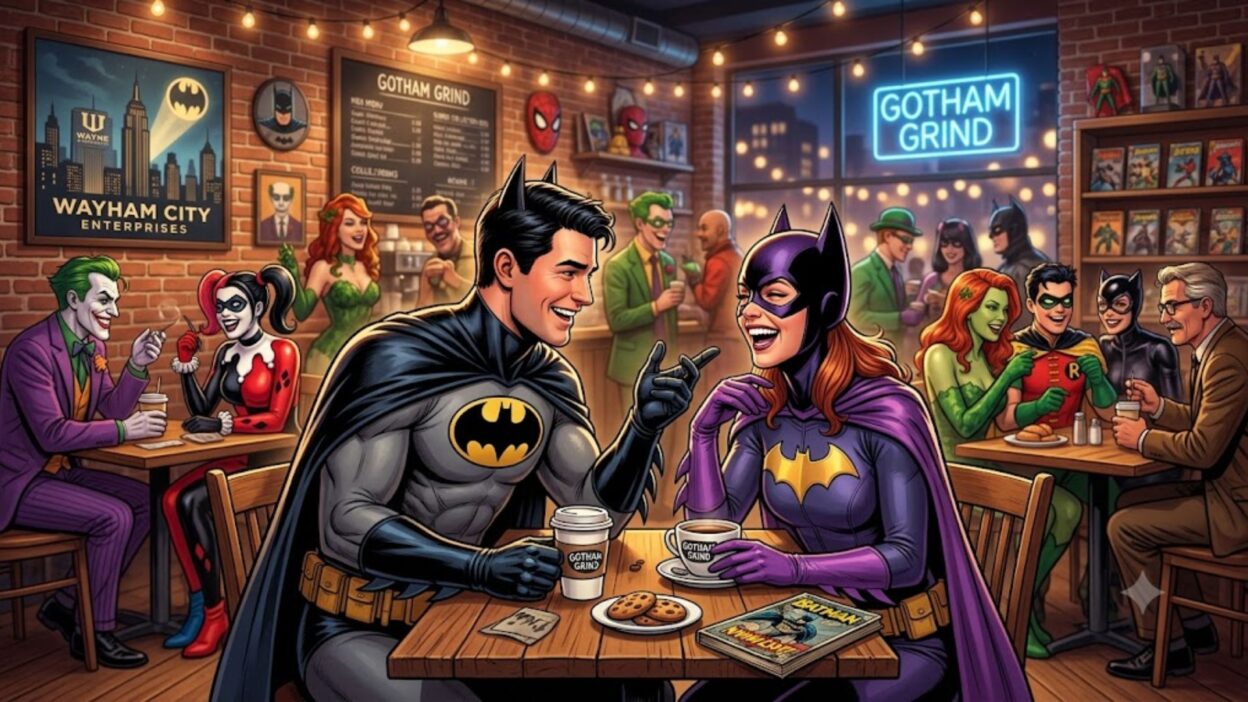 Batman and Batgirl sharing a laugh over coffee in a crowded Gotham cafe filled with smiling comic book characters