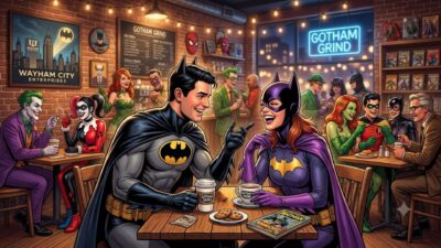 Batman and Batgirl sharing a laugh over coffee in a crowded Gotham cafe filled with smiling comic book characters