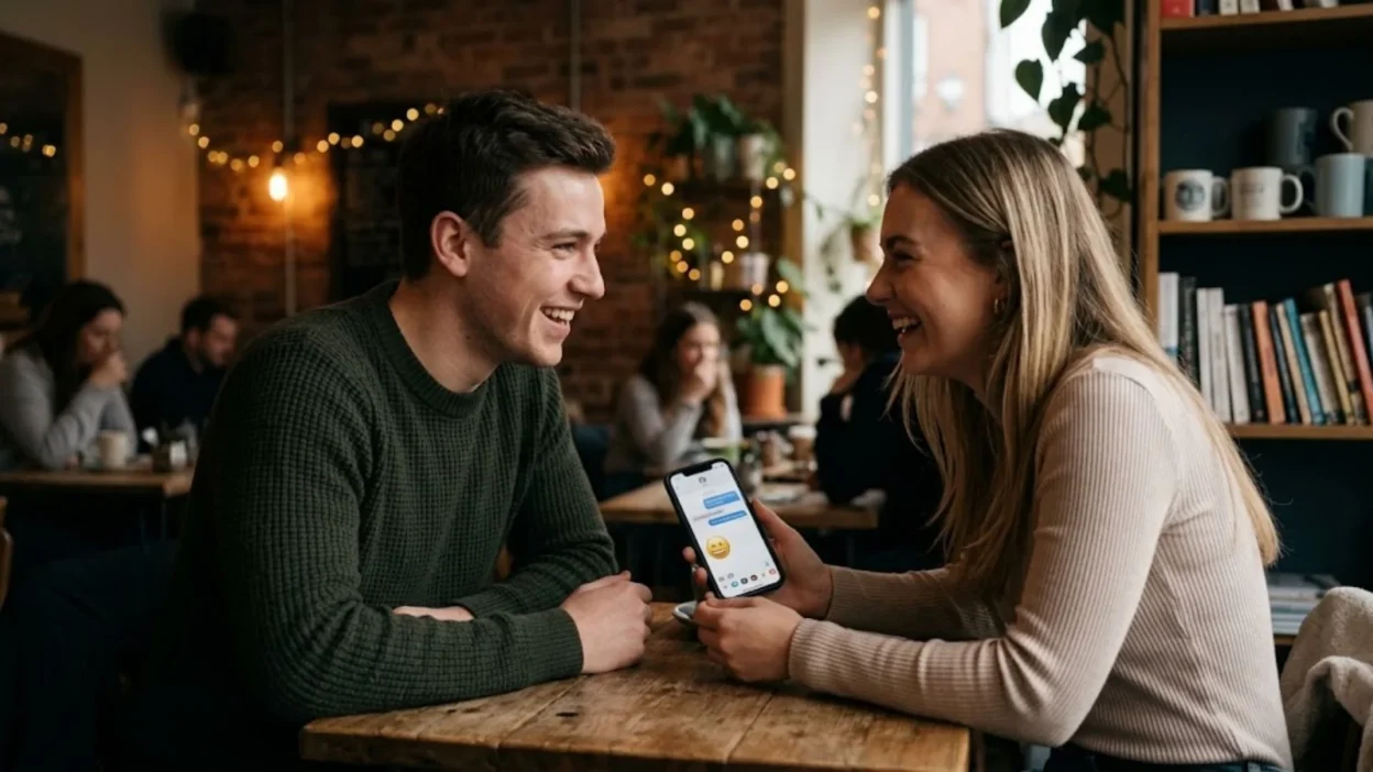 Young couple smiling and sharing text messages on a phone at a cozy cafe table.