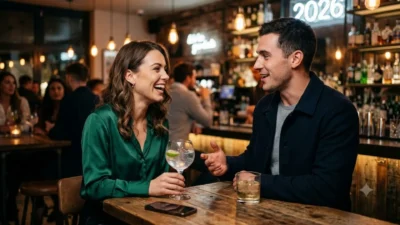 A man and woman sharing a laugh over drinks at a dimly lit cozy bar with neon signs in the background.