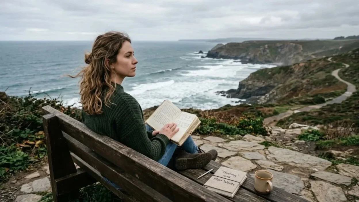 Woman sitting on a coastal bench reading a journal with breaking up quotes to heal