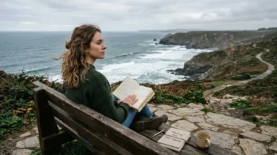 Woman sitting on a coastal bench reading a journal with breaking up quotes to heal