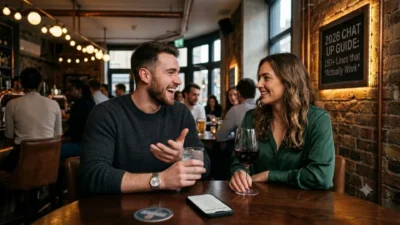 A man and woman laughing together at a dimly lit cozy bar table during a relaxed evening date.