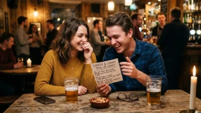 A smiling couple sitting at a rustic pub table laughing while reading a card of cheesy pick up lines over drinks