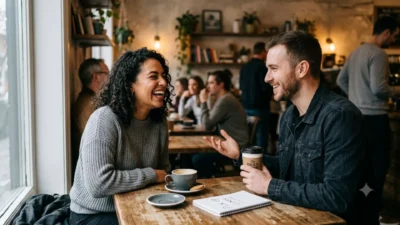 A laughing woman and smiling man sitting at a coffee shop table sharing funny cheesy pickup lines
