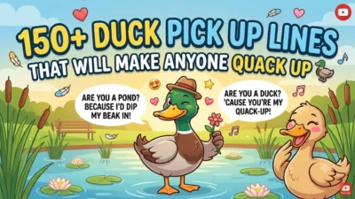 Two cartoon ducks flirty in a pond with the text 150+ Duck Pick Up Lines That Will Make Anyone Quack Up