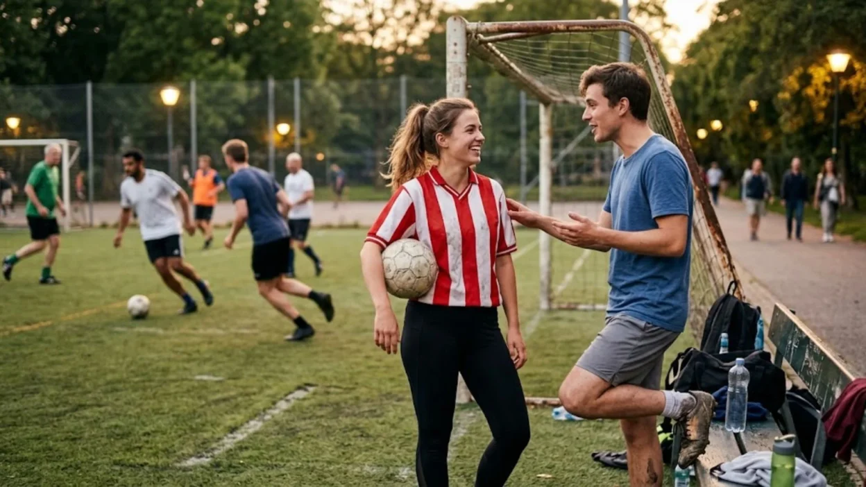 Young man and woman smiling and talking near a goalpost after a casual football match.