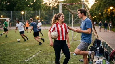 Young man and woman smiling and talking near a goalpost after a casual football match.