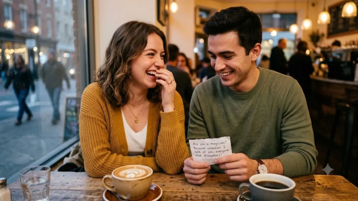 A man holding a handwritten pickup line note as a woman laughs at a cozy coffee shop table