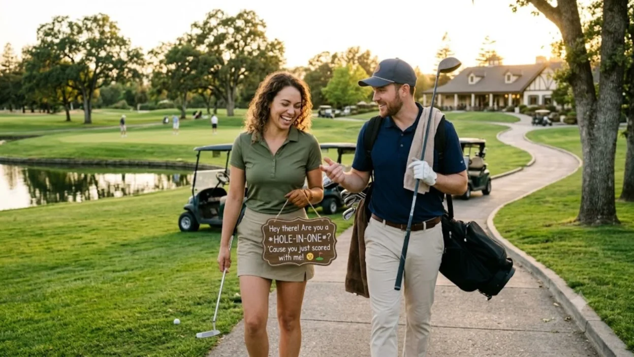 Happy couple laughing on a golf course path during golden hour holding a driver and putter