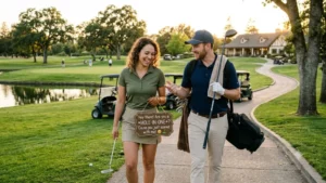 Happy couple laughing on a golf course path during golden hour holding a driver and putter