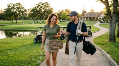 Happy couple laughing on a golf course path during golden hour holding a driver and putter