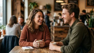 Woman laughing naturally while sharing coffee with a man in a cozy cafe
