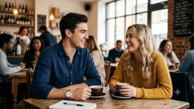 A confident man smiles and talks with a smiling woman sitting across from him at a wooden coffee shop table.