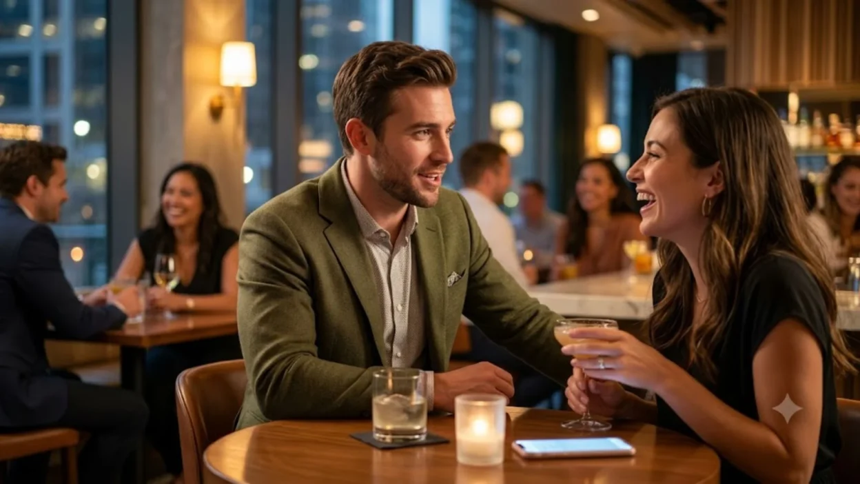 A handsome man in a green blazer chatting with a laughing woman at a warm lounge table holding drinks.