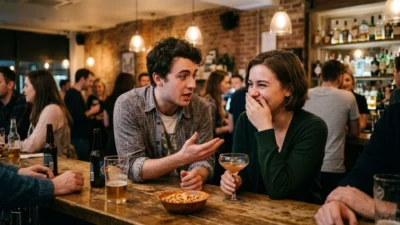 Man delivering a cringey pick up line to a laughing woman at a crowded bar counter