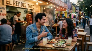 A young Mexican couple laughing together at an outdoor street taco stand in Mexico while sharing tacos at dusk.