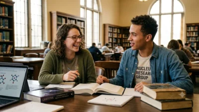 Two university physics students laughing together at a library desk with science textbooks and atom diagrams