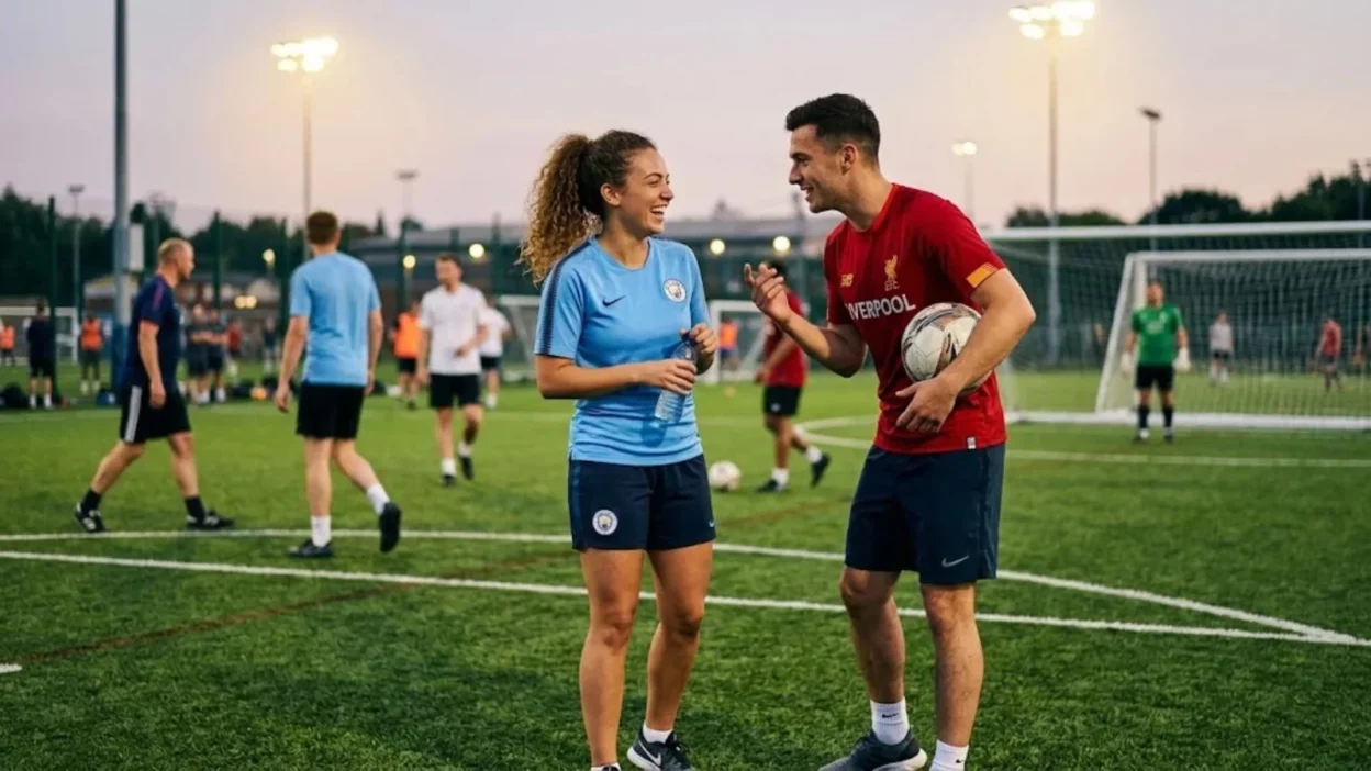 Young man and woman in soccer jerseys laughing together on a green football field at sunset