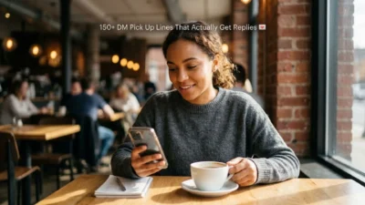 Woman smiling at her smartphone while holding a coffee cup in a cafe