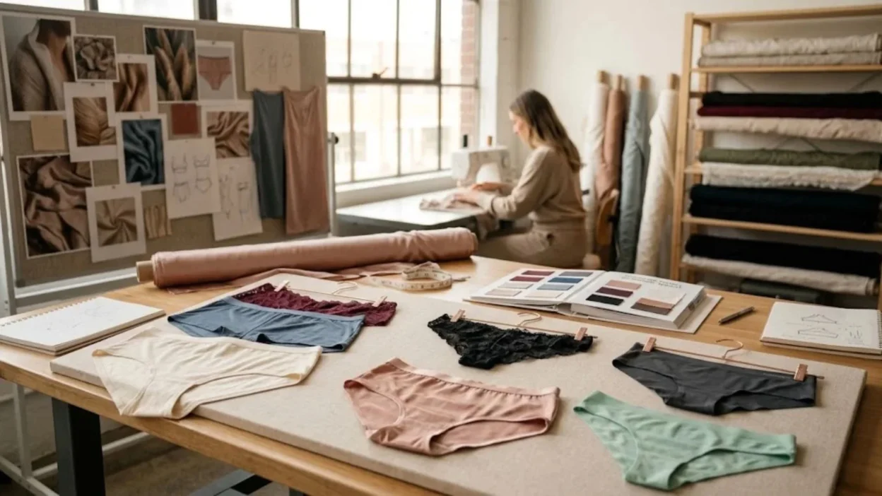 Different types of womens underwear and fabric swatches neatly arranged on a design studio table