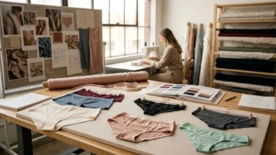 Different types of womens underwear and fabric swatches neatly arranged on a design studio table