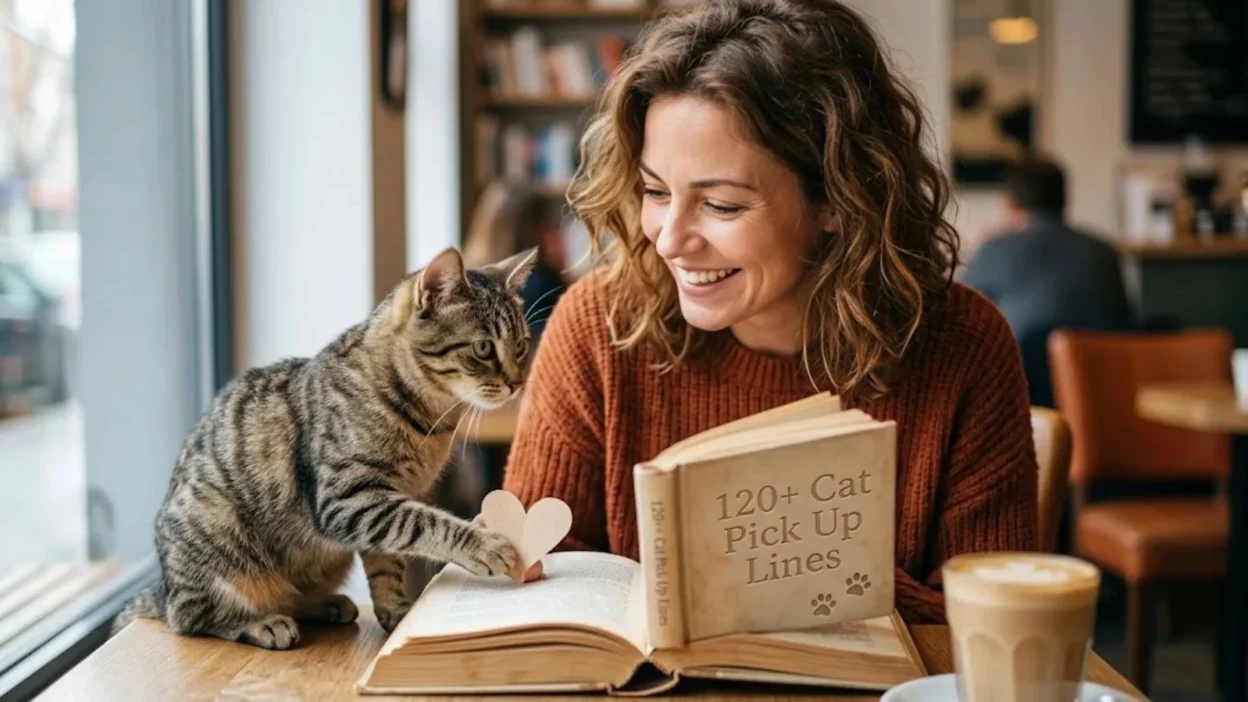 Smiling woman reading a cat pick up lines book while a tabby kitten touches a wooden heart in a cafe.