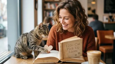 Smiling woman reading a cat pick up lines book while a tabby kitten touches a wooden heart in a cafe.
