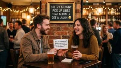Man sharing a cheesy pick up line note with a laughing woman at a cozy pub table