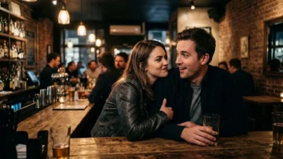 Smiling young couple leaning close together at a rustic wooden bar counter during an intimate conversation