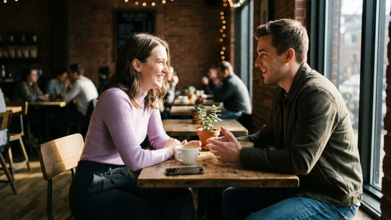 Smiling man and woman talking at a wooden table in a cafe