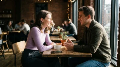 Smiling man and woman talking at a wooden table in a cafe