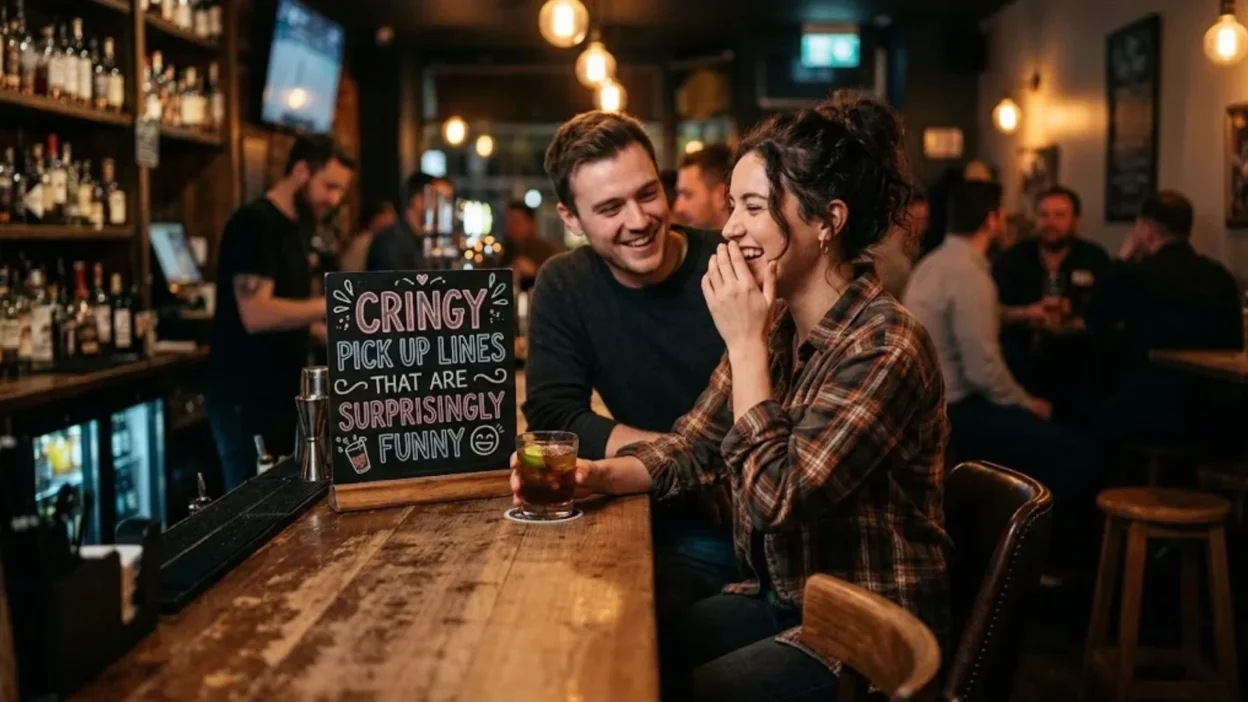 Woman laughing while a man smiles at a bar table near a sign about cringy pick up lines.