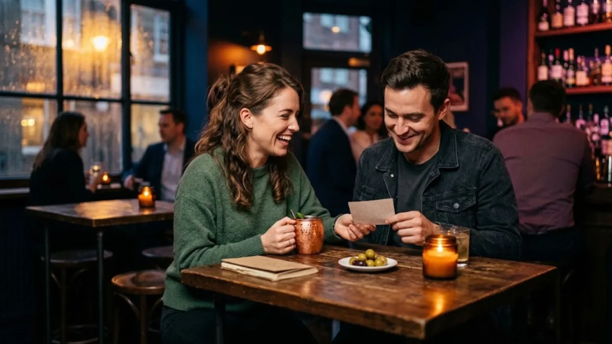 Smiling woman and man sharing a handwritten flirty note at a candlelit wooden pub table