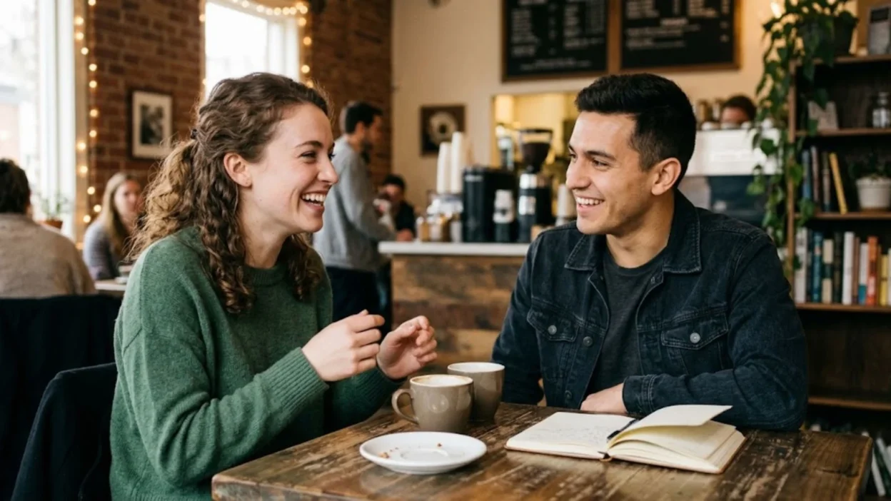 A man and woman laughing together while sharing coffee and conversation at a rustic wooden cafe table.