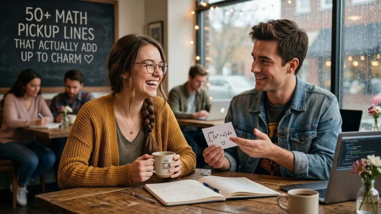 Young couple smiling at a cafe table while sharing a handwritten math pickup line note