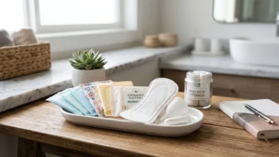 White panty liner, organic cotton pads, menstrual cup, and tampon arranged on a modern bathroom vanity tray
