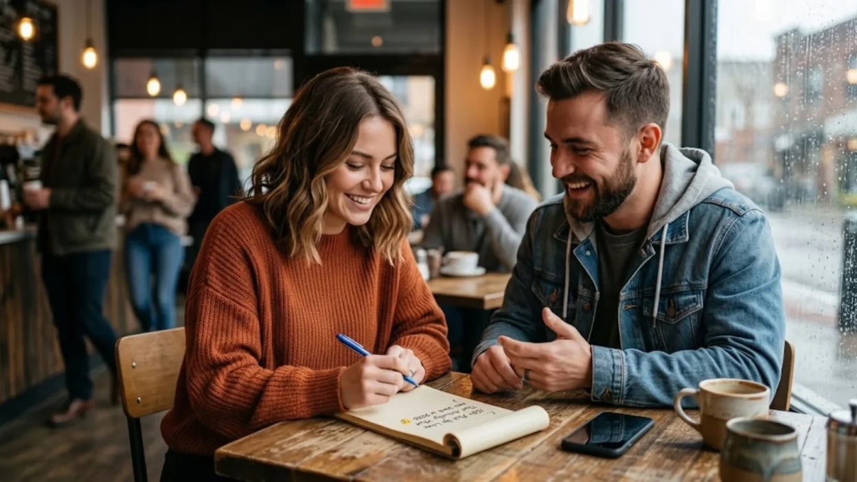 Young smiling couple sitting by a rainy cafe window sharing a warm conversation over coffee and notes