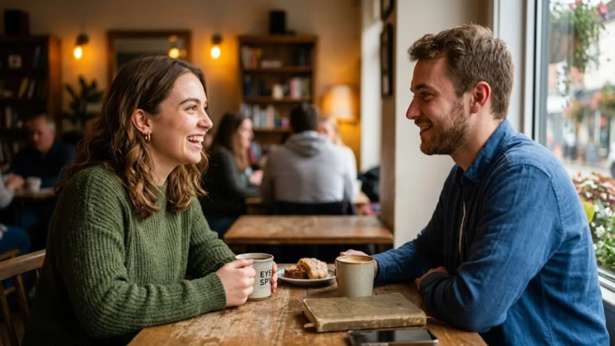 Young man and woman smiling and making warm eye contact at a rustic cafe table over coffee.