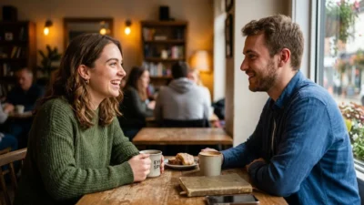 Young man and woman smiling and making warm eye contact at a rustic cafe table over coffee.
