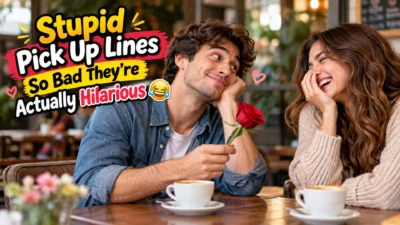 Stupid pick up lines in a café as a man offers a rose and a woman laughs.