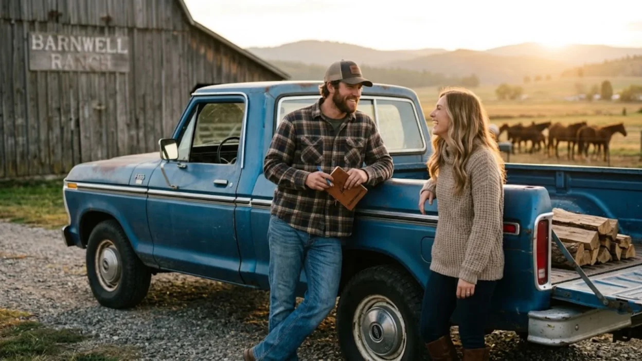 Smiling man and woman talking beside a vintage blue pickup truck on a ranch