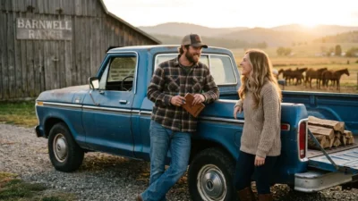 Smiling man and woman talking beside a vintage blue pickup truck on a ranch