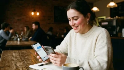 Woman smiling at her smartphone while holding two devices at a rustic wooden cafe table