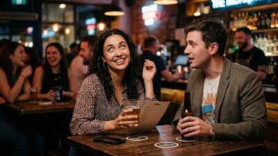 Woman rolling her eyes at a bar table while listening to a cringe pick up line on a date